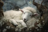 Fototapeta Londyn - Dreamlike Sheep sleep cloud white. Fun comic lamb snooze wool. Generate Ai