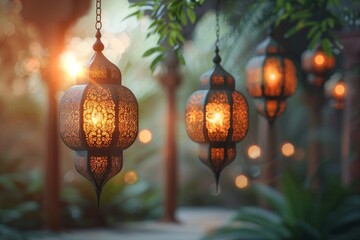 Wall Mural - Decorative Arabic lantern with burning candle, glowing in the night. Festive card, invitation to the holy holiday for Muslims Eid al adha