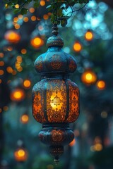 Wall Mural - Decorative Arabic lantern with burning candle, glowing in the night. Festive card, invitation to the holy holiday for Muslims Eid al adha