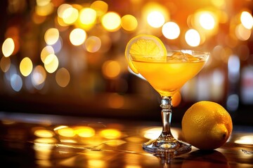 Refreshing Sidecar Cocktail with Lemon Decoration on Yellow Bar Counter Background