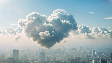 Poster - A cloud in the shape of a heart hovers above a city, casting a warm glow as the sun sets, Heart-shaped clouds floating over a serene cityscape