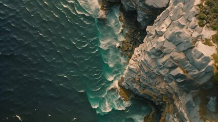 Wall Mural - Aerial View of Ocean and Cliffs in Big Sur, California, High angle shot of a sweeping sea reaching dramatic cliff edges