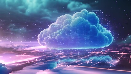 Poster - A blue cloud hovers above a computer chip, creating a striking juxtaposition of technology and nature, Illustration of a cloud floating in the digital realm, symbolizing cloud storage