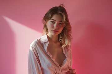 Poster - young female model standing and posing, pink studio background, hard drop light and contrast shadows
