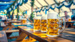 Rows of full, frothy beer mugs on a wooden table, basking in the vibrant atmosphere of a bustling beer tent, celebrate the essence of Oktoberfest's joyous revelry and communal spirit