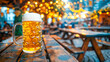 Single, frothy beer mug takes center stage on a rustic wooden table, with Oktoberfest warm, festive lights creating an inviting blur in the background, promising a jovial beer tent atmosphere. Copy sp