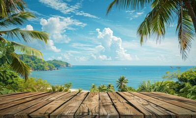 Wall Mural - beach with palm trees and turquoise water, a wooden floor in the foreground 