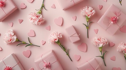 Poster - Looking for a Mother s Day gift idea Picture this a gorgeous top down view of dainty pink gift boxes embellished with lovely carnation flowers and delicate pink paper hearts set against a b