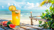 refreshing cocktail garnished with tropical fruits, set against a serene beach