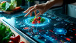 Interactive digital kitchen interface with fresh greens, highlighting modern culinary technology and healthy lifestyle. Artificial intelligence in food preparation. Banner. Copy space