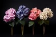Eye-catching Six artificial hydrangeas. Floral colorful decoration in glass vases. Generate ai