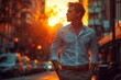 Man standing confidently during sunset in city
