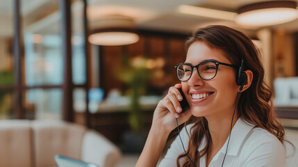 Secretaria falando no telefone e sorrindo no loby 