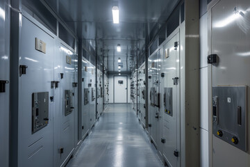 Poster - A long hallway with a metal door in the middle