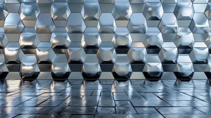 Poster - A wall of silver tiles with a hexagonal pattern