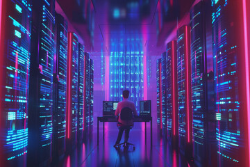 Poster - A man sits at a computer in a brightly lit room with neon lights