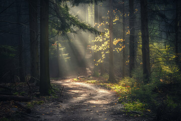 Wall Mural - A forest path is illuminated by the sun, creating a peaceful