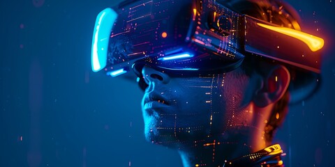 Poster - Man wearing virtual reality headset, with holographic elements around