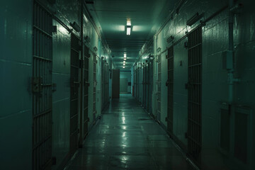 Poster - A long hallway with a lot of bars on the doors