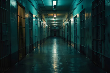 Poster - A long hallway with a lot of bars on the doors