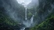 A majestic waterfall cascading down rugged cliffs, its roaring waters surrounded by vibrant greenery and mist-kissed rocks. 8k, realistic, full ultra HD, high resolution, and cinematic
