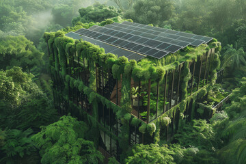 Wall Mural - A building covered in vines and plants, with a green roof and solar panels