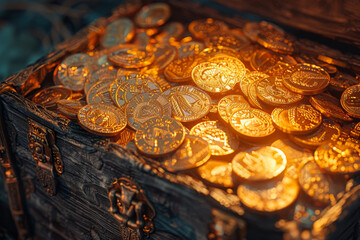 Wall Mural - A wooden box filled with gold coins