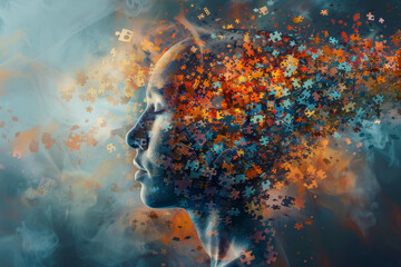 Poster - A colorful puzzle piece head with a blue background