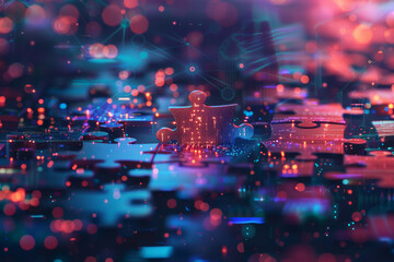 Poster - A puzzle piece is on a blue background with a lot of lights