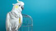 © Emma - A very nice white cockatoo parrot sitting on the cage on the blue background