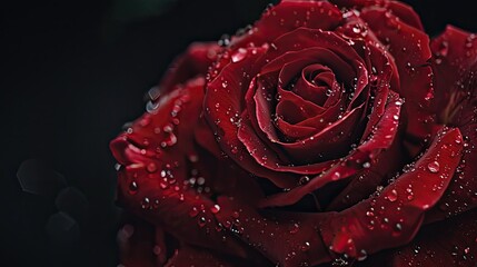 Capture a stunning close up of a deep red rose adorned with glistening droplets set against a striking black backdrop Perfect for creating a heartfelt Mother s Day greeting card or a captiv