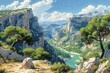 This AI Generated vector captures the Gorges du Verdon in full majesty, with steep cliffs framing the vibrant river below, under a canopy of blue sky and clouds