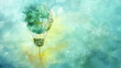watercolor abstract painting of a hot air balloon flying in the sky in green and yellow colors
