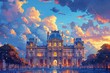 AI-generated vibrant depiction of the Louvre Museum, basked in golden sunlight, fusing history with art in a vector style