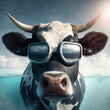a cow with goggles and a cow in the water