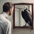 Mężczyzna widzi sępa w lustrze