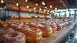 Witness the artistry of pastry-making with a panoramic view of a bustling bakery, where rows of perfectly glazed donuts await eager customers. 