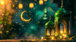 Islamic background with lanterns and crescent moon for Eid greeting card with whitespace and yellow green theme. Eid and ramadhan concept
