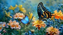 Blue Morpho Butterfly And Yellow Tiger Butterfly Opening Wings On Flowers Over Blue Background