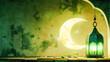 Islamic background with lanterns and crescent moon for Eid greeting card with whitespace and yellow green theme. Eid and ramadhan concept