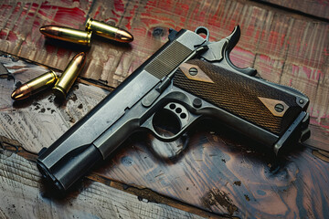 Gun and ammunition on old wooden desk