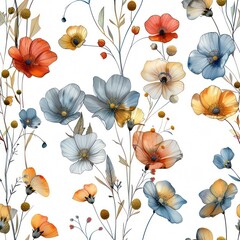 Wall Mural - Seamless wild poppy flowers pattern, meadow summer background