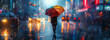 Contemplative Soul Finds Solitude Under Colorful Umbrella In the City’s Night Glow. Serene Reflections and Soft Raindrops Accompany a Thoughtful Walk Under City Lights. Image made using Generative AI