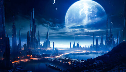 Wall Mural - Futuristic planet landscape with rocky terrain, glowing elements, and multiple planets in the night sky. A sci-fi scene perfect for space exploration and cosmic adventure wallpaper background