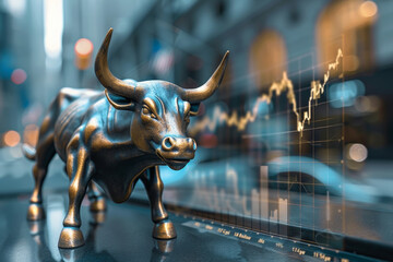 Poster - A bull is standing in front of a building with a lot of numbers and lines