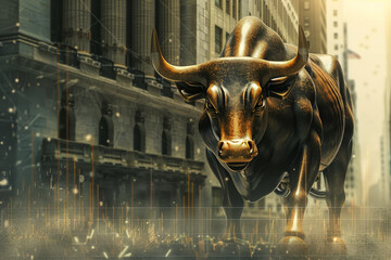 Poster - A bull statue stands in front of a chart with a lot of red and yellow lines