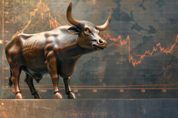 Poster - A bull is running down a city street with a sign behind it that says 