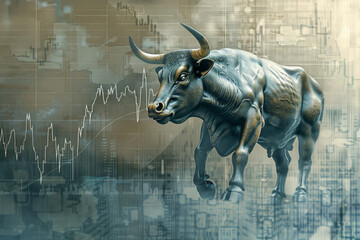 Poster - A bull with horns is standing in front of a graph