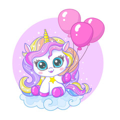 A cute, small, cartoon unicorn with a rainbow mane holds balloons. Fantastic kawaii character. For children's design of happy birthday greetings, cards, prints, posters, stickers, etc. Vector illustra