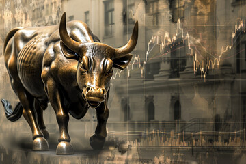 Poster - A bull statue is in front of a building with a graph of stock prices
